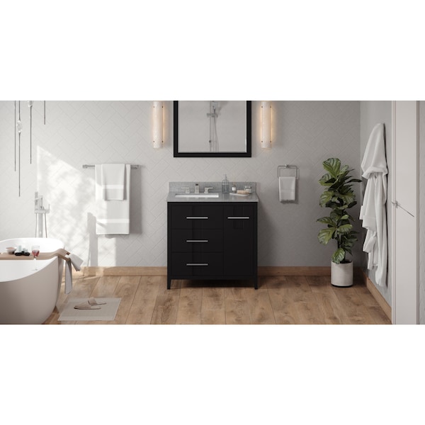 Jeffrey Alexander 36In. Black Katara Vanity, Left Offset, Steel Grey Cultured Marble Vanity Top, Undrmnt Rctngl Bowl VKITKAT36BKSGR - main